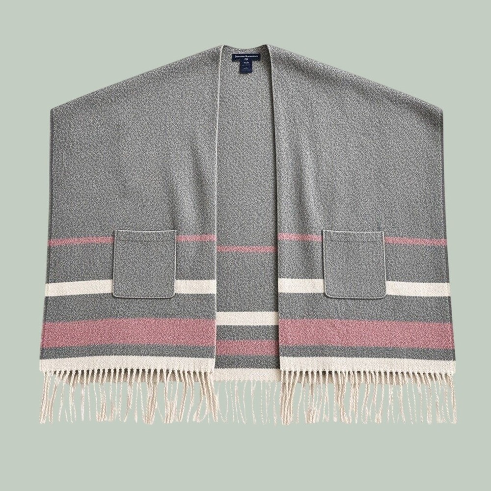 Adrienne Vittadini Grey Striped Fringe Wrap Shawl with Pockets Mens One Size
